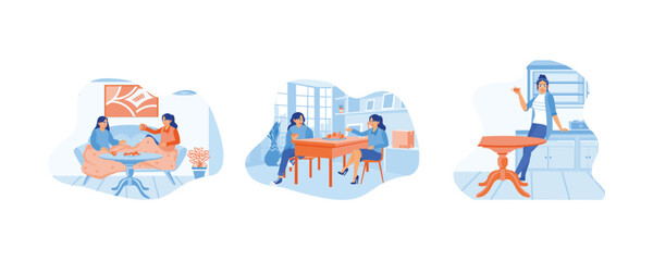 Two young women sitting on the sofa. Two women enjoying food while relaxing. Enjoy the morning at home.  Smiling woman friends drinking tea at home concept. Set Flat vector illustration.