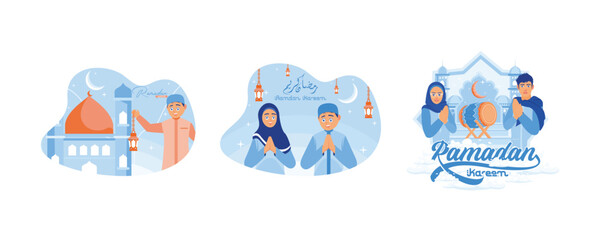 Boy holding a lantern. Smiling boy and girl putting hands on chest. Drum and crescent moon in the background. Ramadan Kareem and Ramadan Mubarak greeting designs concept. Set flat vector illustration.