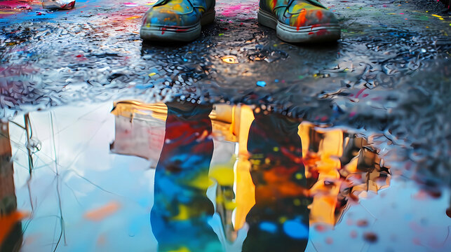 a reflection of a person in a puddle