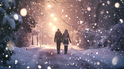 Fototapeta na wymiar a couple walking in the snow