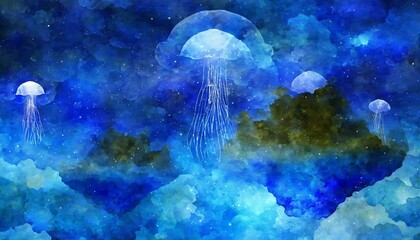 Fototapeta na wymiar surreal dreamscape where floating islands are inhabited by giant glowing jellyfish
