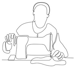 continuous single line drawn handsome man sewing behind the silhouette of a hand drawn sewing machine. Art line. Illustration Sewing men Silhouette of a man sitting with a sewing machine isolated.