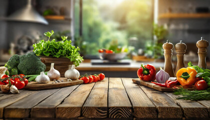 Empty wooden table with fresh vegetables and spices and cook on the background blurred kitchen, 