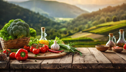 Empty wooden table with fresh vegetables and spices and cook on the background blurred kitchen,  - Powered by Adobe