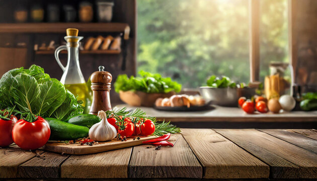 Empty wooden table with fresh vegetables and spices and cook on the background blurred kitchen, 