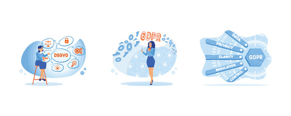A woman working with information. Five business reasons you need GDPR-compliant surveys. The General Data Protection Regulation or GDPR Concept. Set flat vector illustration.