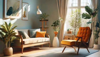Scandinavian, mid-century style home interior design of a modern living room with a dark blue sofa and orange chair against a white wall with an art poster frame - obrazy, fototapety, plakaty