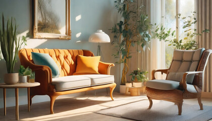 Scandinavian, mid-century style home interior design of a modern living room with a dark blue sofa and orange chair against a white wall with an art poster frame