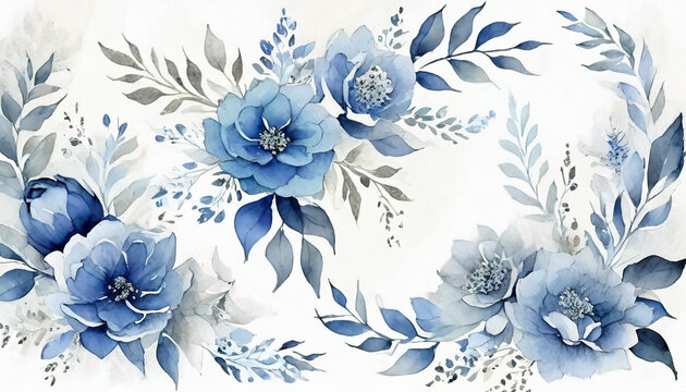 beautiful watercolor floral background round frame with blue flower design on white background