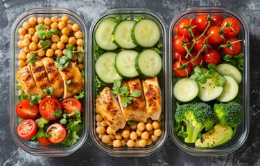 Healthy meal prep containers with chickpeas, chicken, tomatoes, cucumbers, avocados and broccoli. Top view