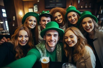 St Patrick's day.  People with beer celebrating St Patrick's day in pub. - obrazy, fototapety, plakaty