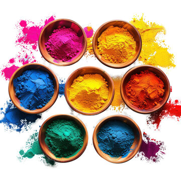 Set of different color powders in wooden bowl, use for Holi festival isolated on white background.
