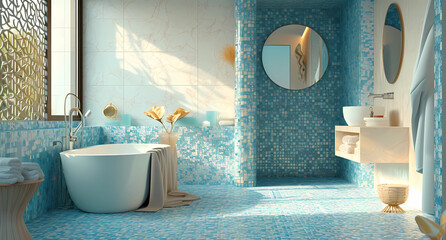 a bathroom filled with blue and white mosaic tiles