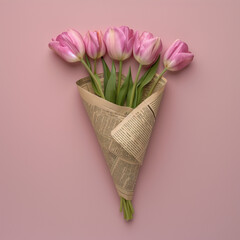 tulips wrapped in newspaper cone, in the style of bold minimalism product photography.