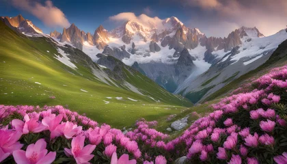 Fotobehang The sharp Alpine peaks of Mont Blanc with snow and glaciers soar above the spring meadows © iqra