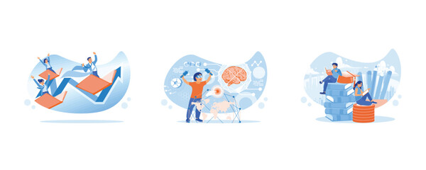 Students learn wisdom and explore new horizons. Little boy with VR glasses studying human body path simulation science at home. Save money for education. Students in the learning process concept. Set 