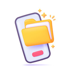 3D document folder on mobile screen. Organized storage ideas. 3D Vector Illustration.