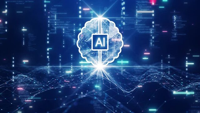 Artificial Intelligence (AI) technology concept. Big data collection connects with intelligent brains for deep machine learning. Abstract binary code polygons on dark blue background.