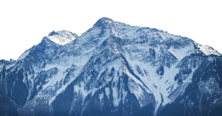 Mountain winter landscape. Mountain covered by ice and snow isolated on transparent background. Winter mountain scenery at close distance. Mountain range at high elevation. PNG transparent image.
