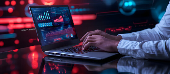 Close up of man hands working in professional trading screens with financial data at a trading office in futuristic style computer or PC