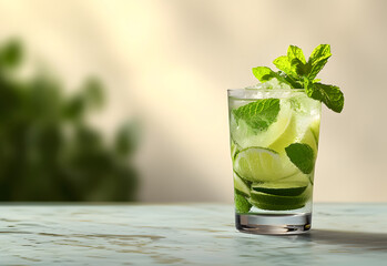 Fresh mojito mint cocktails with lime in a glass.  