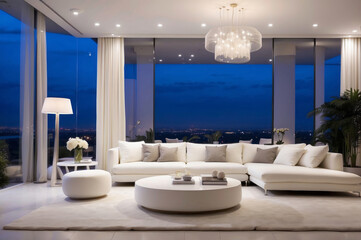 Architecture interior design living room, luxury apartment with white furniture, at night time