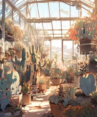 Greenhouse Cactus Whimsical Greenery: Witness the Cartoonish Charm as Greenhouse Cactus and Succulent Plants Take Root and Flourish in the Quirky Environment of a Wasteland Area
