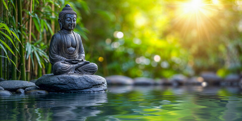 Zen Buddha Statue made of stone sitting in Serene Water Garden meditation concept, peaceful stance