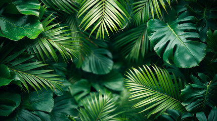 Botanical background, big leafy monstera leaves tropical plants backdrop background for a silde, wallpaper, Lush Tropical Foliage - Exotic Monstera and Palm Leaf Background