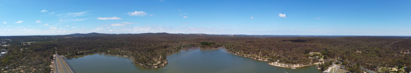 Aerial view of Crusoe Reservoir in Bendigo, Victoria, Australia is a popular destination for cycling, swimming, walking, jogging and fishing, the image in panorama.