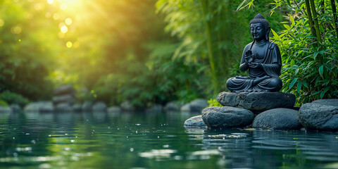 Zen Buddha Statue made of stone sitting in Serene Water Garden - A Meditation Retreat - obrazy, fototapety, plakaty
