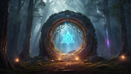 A mystical portal opening in an ancient forest, surrounded by glowing runes Generative AI