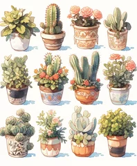 Glasschilderij Cactus in pot Whimsical Cactus Designs, Detailed Illustrations for Seasonal Decor, High Resolution Images