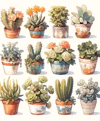 Zelfklevend Fotobehang Cactus in pot Exotic Cactus Collection, Detailed Botanical Illustrations, Vibrant Colors, High Quality Images