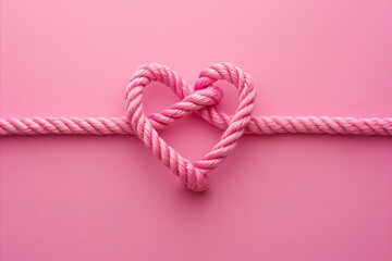 tied knot in the shape of a heart on a pink background - obrazy, fototapety, plakaty