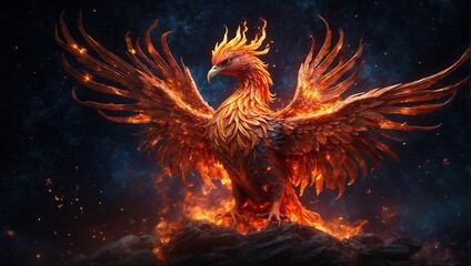 A mystical phoenix rebirth, bursting into flame and re-emerging from its ashes under a starry sky Generative AI