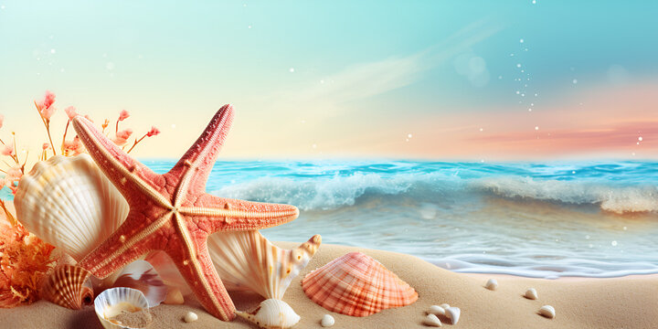 Summer background of free space for your decoration and shells on sand with green palms leaves. Sunny hot day on beach.