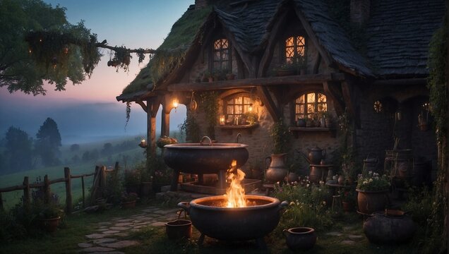 A witch's cottage at twilight, with a bubbling cauldron and magical herbs hanging from the rafters Generative AI