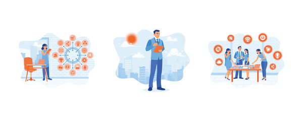 Businessman and woman working using laptop and tablet. Business team working in a modern office. Digital business concept. Set flat vector illustration.