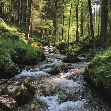 stream in the forest, a river flowing through a narrow forest path, beautiful daytime image with high detail