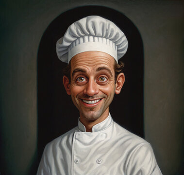 A caricature illustration of a chef with light brown eyes, handsome, cute, playful smile, chef's hat, white uniform