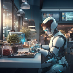A futuristic robot serving coffee in a high-tech cafe