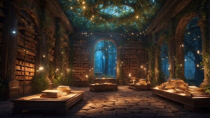 An ancient library where books float and glow with magic, hidden deep within an enchanted forest Generative AI