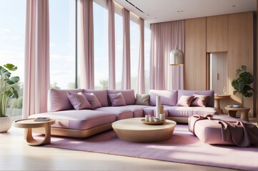 modern living room with high window and curtain, soft purple sofa minimalist and elegant wood furniture