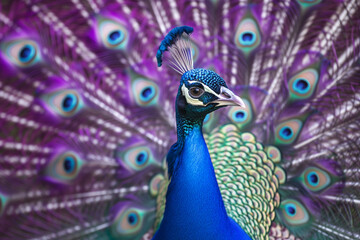 Obraz premium A beautiful purple peacock shows off its beautiful feathers.