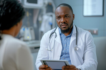 Look at screen, please. Positive capable african american doctor with a patient talking test results and progress on a tablet in a hospital clinic.