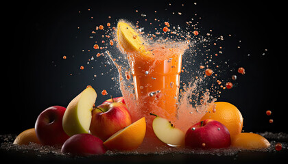 Splashing healthy fresh orange and apple fruits smoothie with assorted natural ingredients served in glass with fruit decoration on black background. Summertime refreshing cold tasty drink.	