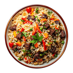 Pilaf rice with meat, carrot and onion. isolated on transparent background.