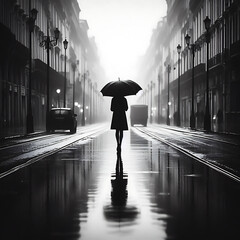 A woman walking alone in the rain