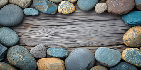 rocks are placed in different colors on the wooden background, generative AI